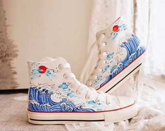 Scarpe dipinte a mano con onde del mare e alba, sneakers alte disegnate, scarpe personalizzate con scarabocchio