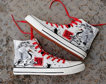 Hand-Painted Spread Wings Crane Shoes,Drawing High Top Sneakers,Custom Doodle Art Shoes