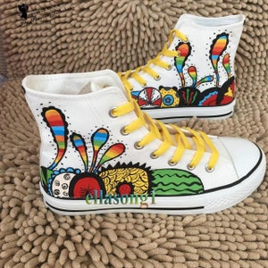 Hand bemalt abstrakte Pflanze lässige Schuhe, High Top flache Schuhe, Benutzerdefinierte Malerei Sneakers, Spitze Individualität Doodle handgezeichnete Schuhe