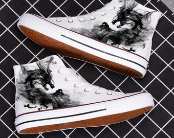 Hand-Painted Black Dragon High Top Shoes,Drawing Lace Up Sneakers, Custom Doodle Shoes