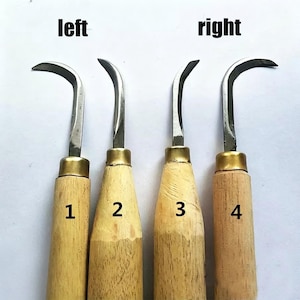 May include: Four wood carving tools with curved blades. The tools have wooden handles and metal blades. The handles are numbered 1 through 4. The word "left" is above the first tool and "right" is above the last tool.