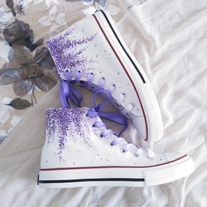 Hand Painted Purple Wisteria flowers  Shoes,Casual High top Custom Flat Shoes,Lace Individuality Doodle Hand Drawn sneaker gift