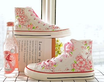 Hand-Painted Pink Peach Blossom Shoes,Drawn High Top Sneaker,Custom Doodle Shoes
