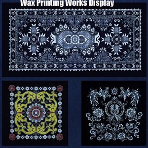 May include: A display of wax printing works. The image shows three textiles with intricate patterns. The top textile is rectangular with navy blue and white designs. Below are two square textiles, one with yellow and red patterns, and the other with white designs.
