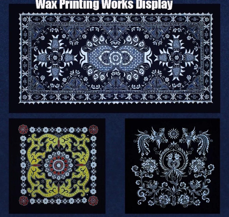 May include: A display of wax printing works. The image shows three textiles with intricate patterns. The top textile is rectangular with navy blue and white designs. Below are two square textiles, one with yellow and red patterns, and the other with white designs.