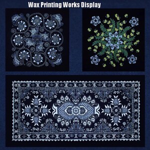 May include: A display of wax printing works. The image shows three fabric pieces with detailed white and blue patterns on a black backdrop. The top left piece has a swirling floral design, the top right has a floral design, and the bottom piece is rectangular with a detailed border.