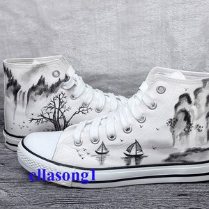 Hand Painted Landscape scenery  Shoes,Casual High top Custom Flat Shoes,Lace Individuality Doodle Hand Drawn sneakers,birthday gift
