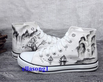 Hand Painted Landscape Scenery Shoes,Drawn High Top Sneakers,Custom Doodle Shoes