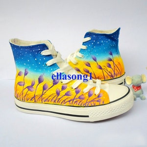 Hand Painted Lavender Shoes Girls Casual High Top Flat Shoes,Custom Painting Sneakers,Unique Flower Casual Shoes