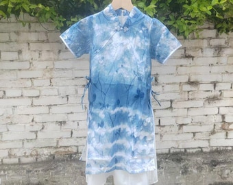 Hand Tie Dye Girl's Dress Short Sleeve Cotton Summer Frog Button Cheongsam Dress