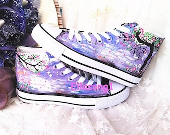 Handgemalte Naturlandschaft Schuhe, gezeichnete Floral High Top Sneakers, benutzerdefinierte Doodle Schuhe