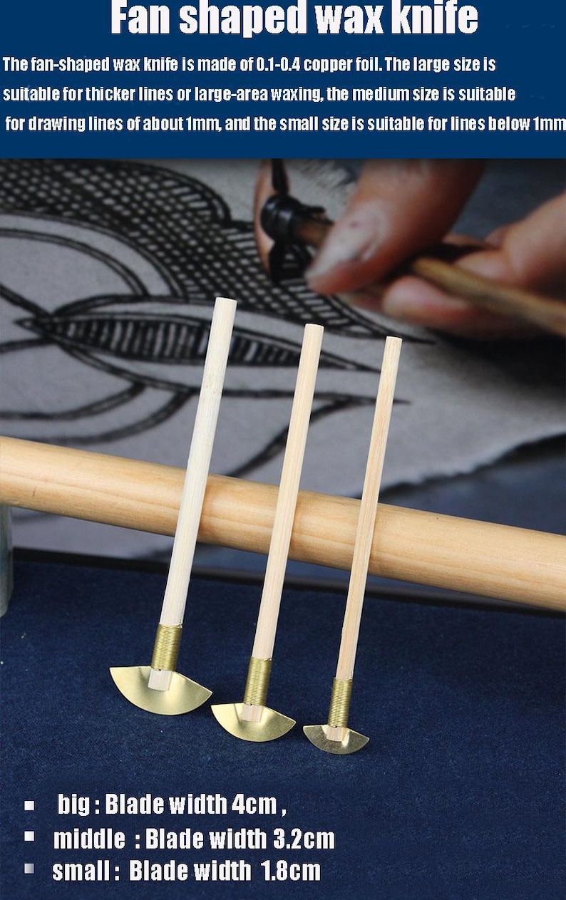 May include: Three fan-shaped wax knives with wooden handles and brass blades. The blades measure 4cm, 3.2cm, and 1.8cm wide. Text on the image describes the knives' uses for waxing.