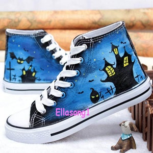 Hand Painted Anime  Shoes, High top custom Halloween Haunted house shoes,Casual Lace Individuality Doodle Hand Drawn sneakers