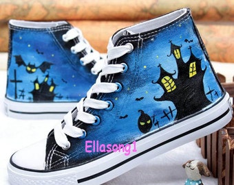 Hand-Painted Halloween Night Shoes,Drawn High Top Lace Sneakers,Custom Doodle Shoes
