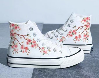 Hand Painted Pink Floral Shoes, Drawing High Top Sneakers,Custom Doodle Design Shoes