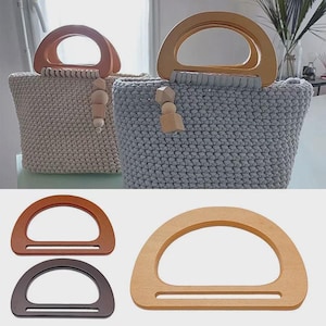 May include: Two crochet tote bags, one beige and one gray, with wooden handles and decorative wooden beads. Below, three wooden half-circle handles in brown and natural wood tones are displayed.
