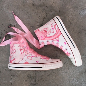 Hand Painted Pink Girl Cartoon  Shoes,Casual High top Custom Flat Shoes,Lace Individuality Doodle Hand Drawn sneaker,birthday gift