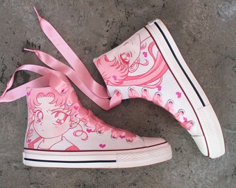 Hand-Painted Pink Anime Girl Shoes, Drawn High Top Sneaker,Custom Doodle Shoes
