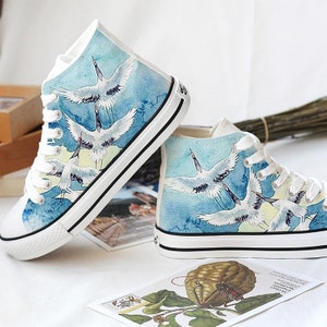Hand Painted Crane Design Shoes, High Top Personality Custom Sport Shoes,Casual Lace Individuality Doodle Hand Drawn Sneakers,Birthday Gift