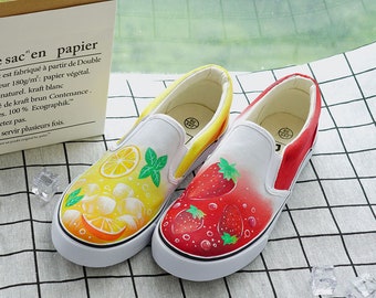 Hand Painted Lemon Strawberry Shoes,Custom Painted Shoes,Casual Individuality Doodle Hand Drawn Sneakers,Custom Birthday Gift