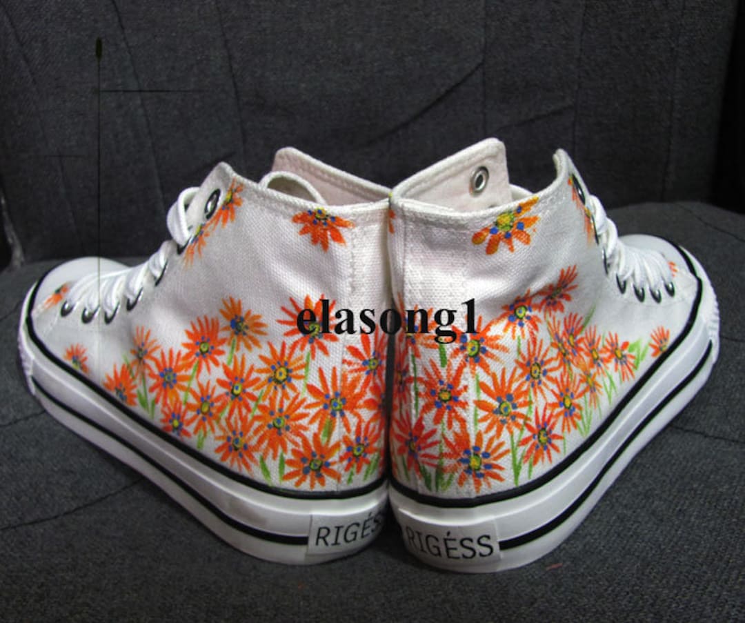 Hand Painted Flower Shoes,hi Top Custom Painted Shoes,casual Lace