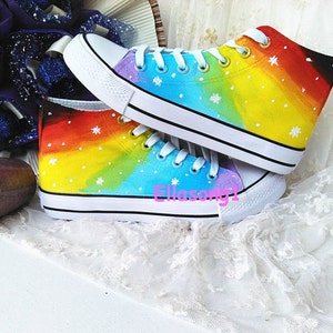 Zapatos de arco iris coloridos pintados a mano, zapatos planos personalizados de alta altura, zapatos dibujados a mano Doodle individualidad, zapatillas pintadas, regalo de cumpleaños