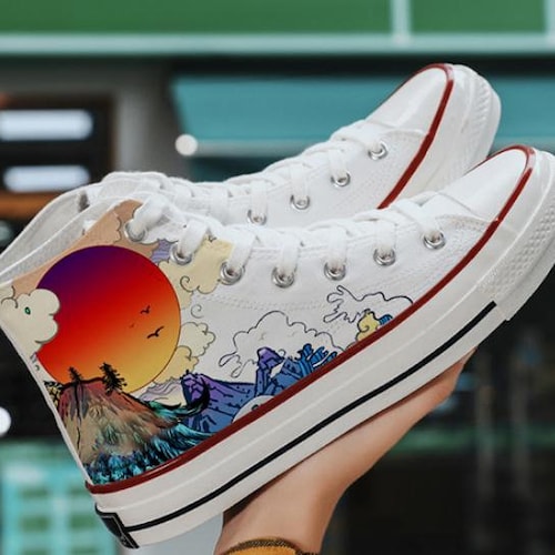 Hand Painted Flowers Shoes Girls Casual High Top Flat Etsy