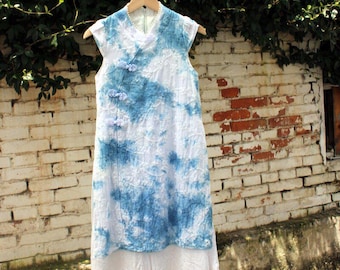 Hand Tie Dye Girl's Dress Short Sleeve Cotton Summer Cheongsam Dress