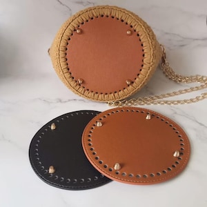 May include: A tan crochet bag base with a brown leather interior and gold chain strap. Two oval leather bag bases, one black and one brown, are also shown. Each base has gold-colored rivets around the edge.