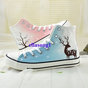 Handbemalter Rehknäuel Cartoon Schuhe,Casual High Top Benutzerdefinierte flache Schuhe,Lässige Spitze Individualität Doodle Handgezeichnet Sneaker,Geburtstagsgeschenk