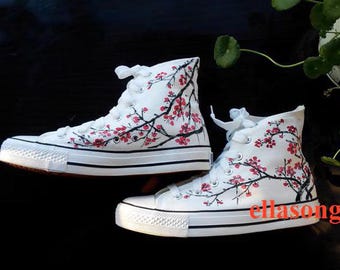 Handgeschilderde pruimenbloesemschoenen, hoge sneakers met tekening, op maat gemaakte doodleschoenen