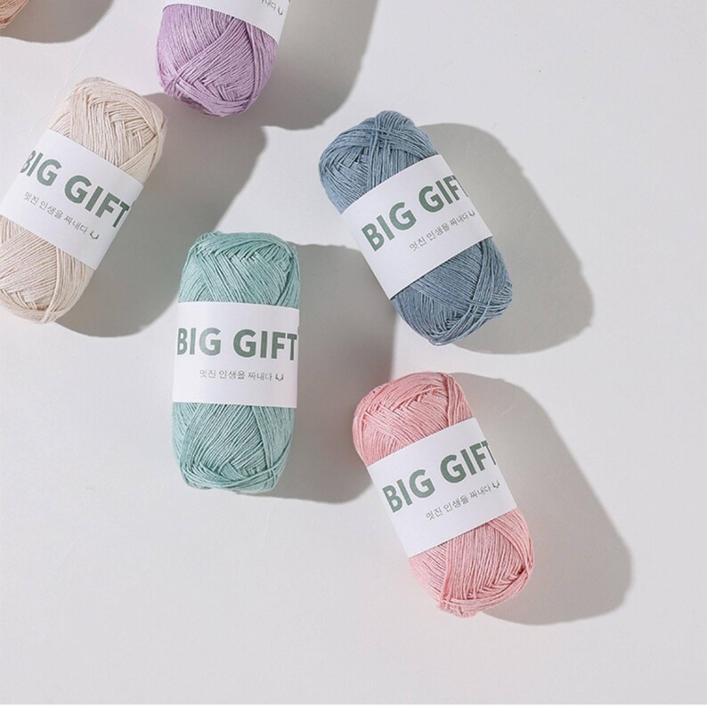 May include: Five skeins of yarn in pastel shades of beige, lavender, blue-gray, mint green, and soft pink. Each skein is wrapped in a white paper band featuring the text BIG GIFT in bold dark green letters along with smaller Korean characters.