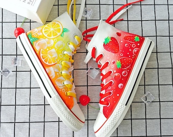 Hand-Painted Strawberry Orange Shoes,Drawing Fruit High Top Sneakers,Custom Doodle Shoes