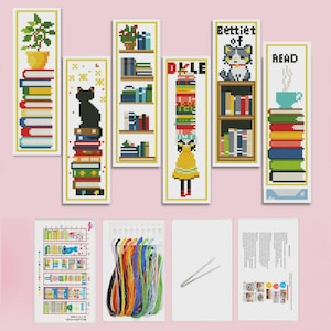 May include: A collection of cross-stitch bookmarks with various designs, including a cat, a plant, and a dress, all set against a pink background. The image also shows the materials needed to create the bookmarks, such as thread and a needle.