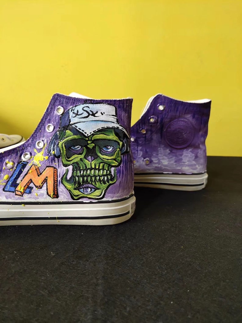 Hand Painted Purple Skull Canvas Shoes,Hi top custom painted shoes,Casual Lace Individuality Doodle Hand Drawn sneakers,birthday gift