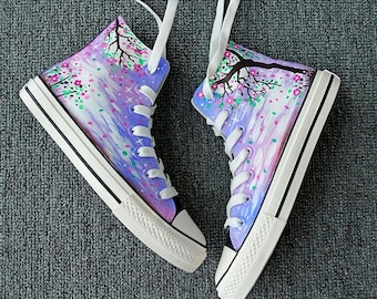Hand Painted Flower Tree Shoes,Painting High Top Lace Up Sneakers,Custom Doodle Shoes