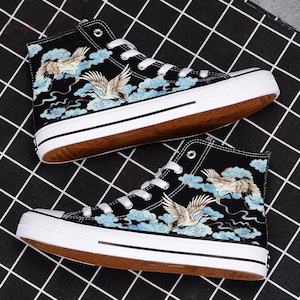 Hand Painted Anime Crane Shoes,Hi Top Custom Painted Shoes,Casual Lace Individuality Doodle Hand Drawn Sneakers,Speical Birthday Gift