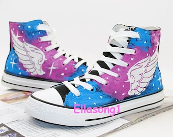 Handbemalte Engelsflügel Galaxy Leuchtende Schuhe, Zeichnung High Top Sneakers, Benutzerdefinierte Doodle Schuhe