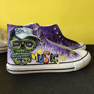 Hand Painted Purple Skull Canvas Shoes,Hi top custom painted shoes,Casual Lace Individuality Doodle Hand Drawn sneakers,birthday gift