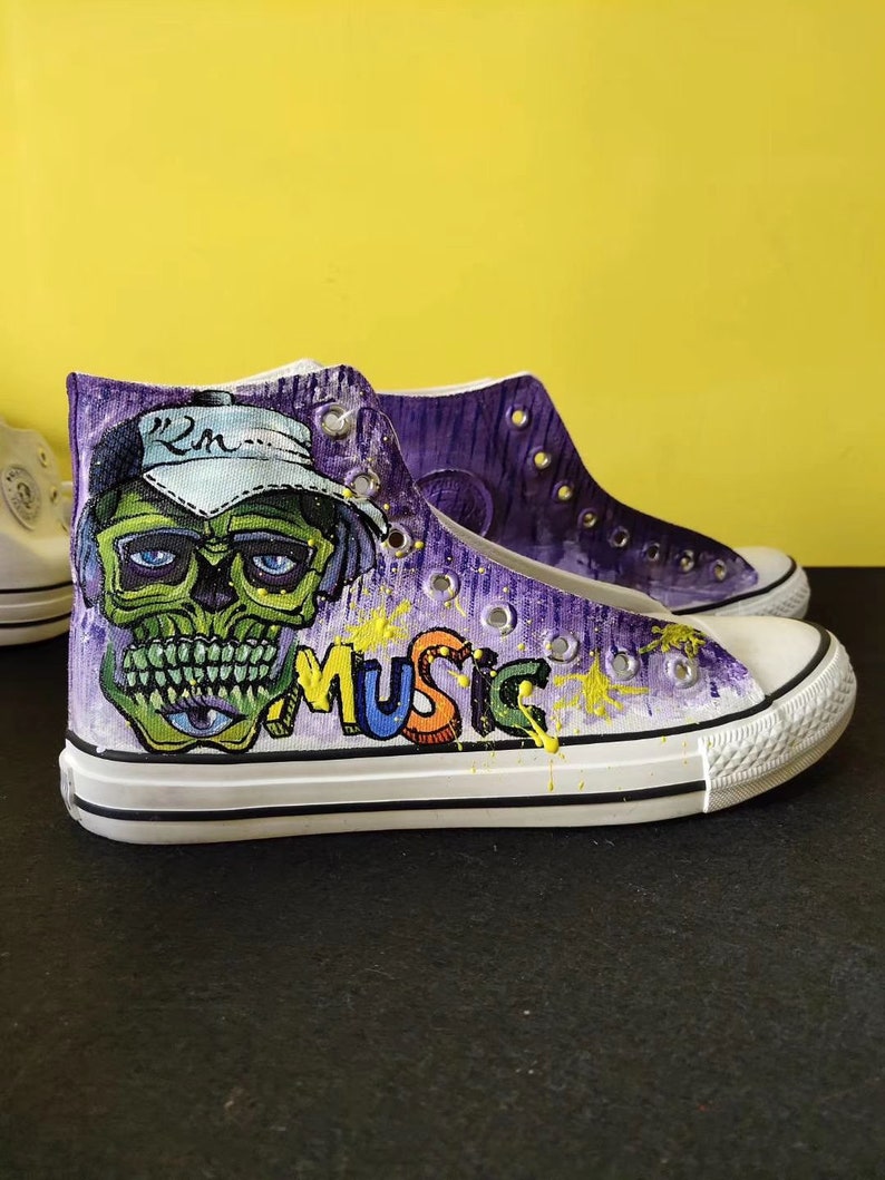 Hand Painted Purple Skull Canvas Shoes,Hi top custom painted shoes,Casual Lace Individuality Doodle Hand Drawn sneakers,birthday gift