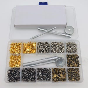 Double Cap Rivet Kit | Gold, Silver,  Bronze Metal Rivets with hole punch pliers and Anvil for Leather Bags, Belts, Jackets & DIY Crafts
