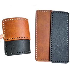 May include: A collection of leather bag bases in brown and black, with pre-punched holes for easy stitching. One base is cylindrical, while the others are rectangular. The leather has a textured appearance.