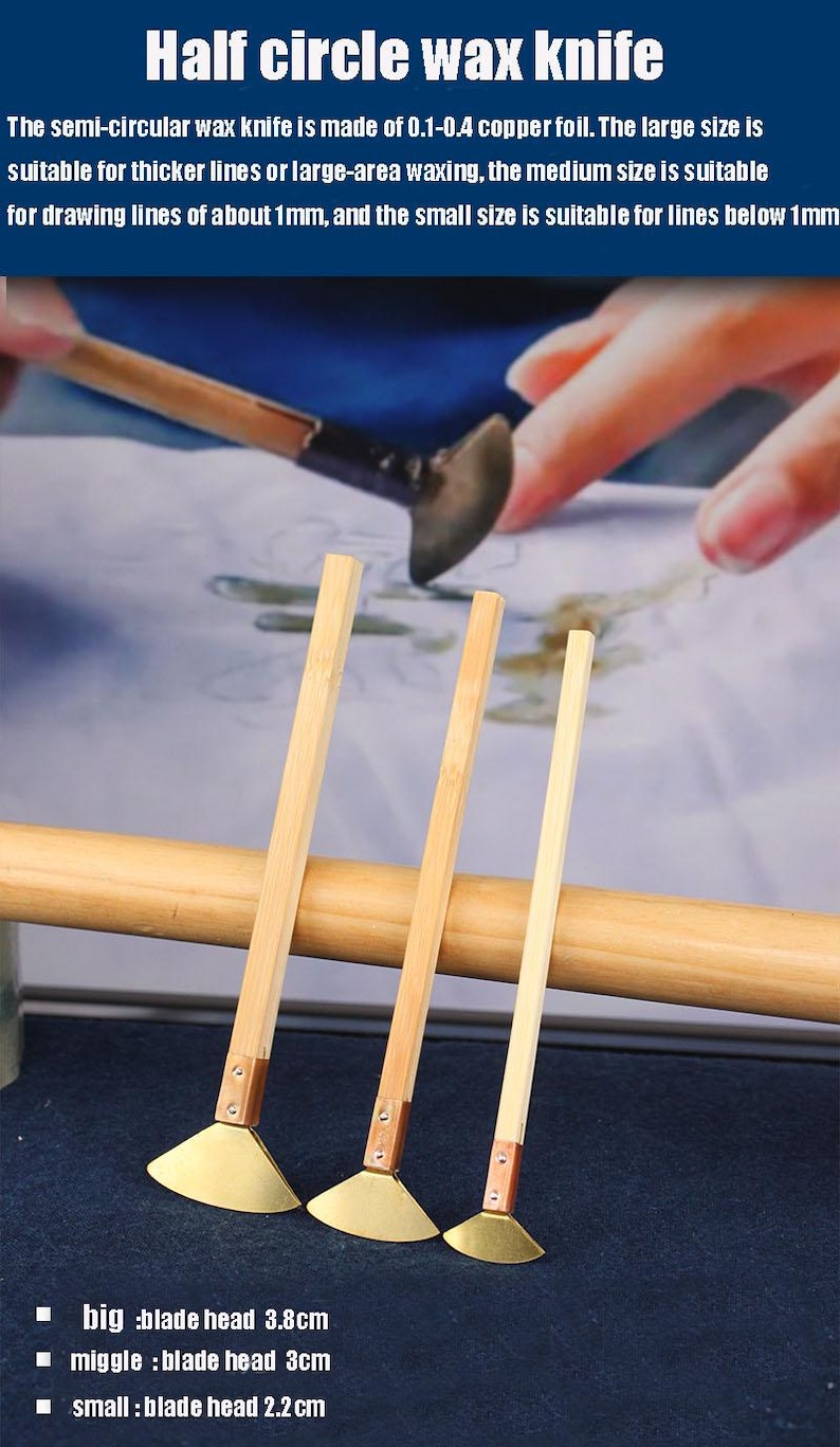 May include: Three wax knives with wooden handles and brass-coloured blades. The text "Half circle wax knife" is at the top. The blade sizes are 3.8cm, 3cm, and 2.2cm. The knives are for thicker lines or large-area waxing.
