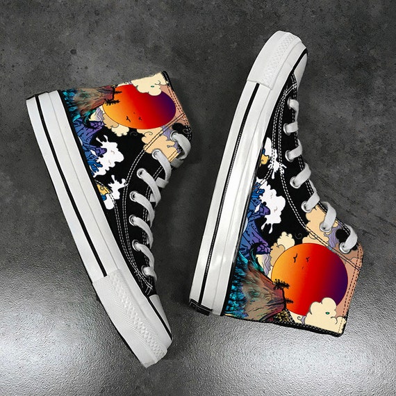Hand Painted Sunset Mountains Shoes, Drawn High Top Sneakers