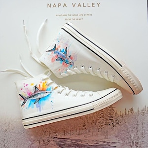 Hand Painted Shark Personality Shoes,Casual High top Custom Painted Flat Shoes,Lace Individuality Doodle Hand Drawn sneakers,birthday gift