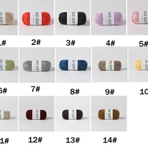 May include: A collection of fourteen individual skeins of yarn, each wrapped with a white paper band labeled BIG GIFT. The yarn colors include beige, red, black, lavender, pink, green, gray, blue, brown, yellow, tan, burgundy, dark purple, and dark brown.