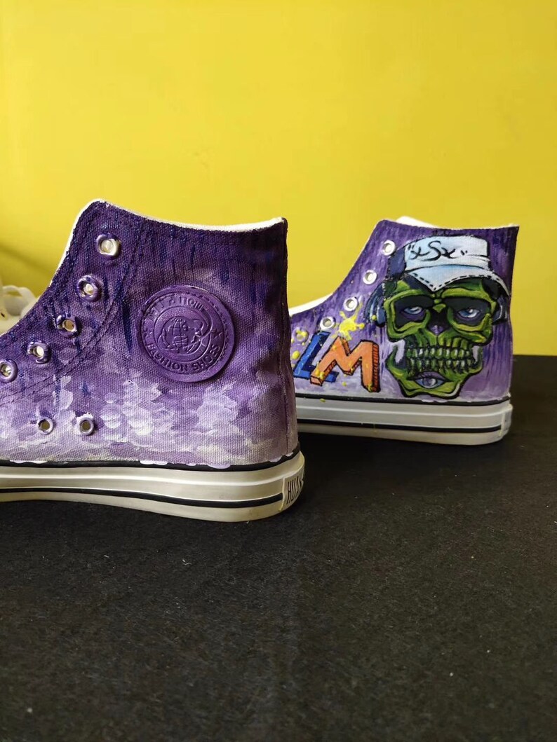 Hand Painted Purple Skull Canvas Shoes,Hi top custom painted shoes,Casual Lace Individuality Doodle Hand Drawn sneakers,birthday gift