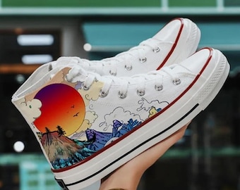 Hand-Painted Sunset Scenery Shoes,Drawn High Top Lace UP Sneakers,Custom Doodle Shoes