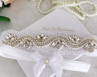 Pearl and Rhinestone Wedding Garter Set on White Lace, Garter for Brides, Garters for Wedding