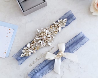 Blue Garter Set, Gold Garter Bride, Rhinestone Pearl Wedding Garters